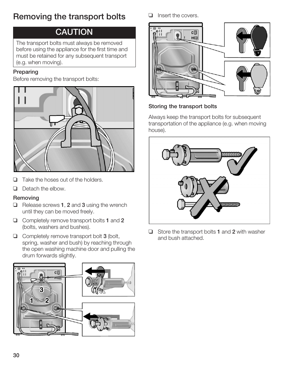 Removing the transport bolts caution | Bosch AXXUS WFL 2050 User Manual | Page 30 / 36