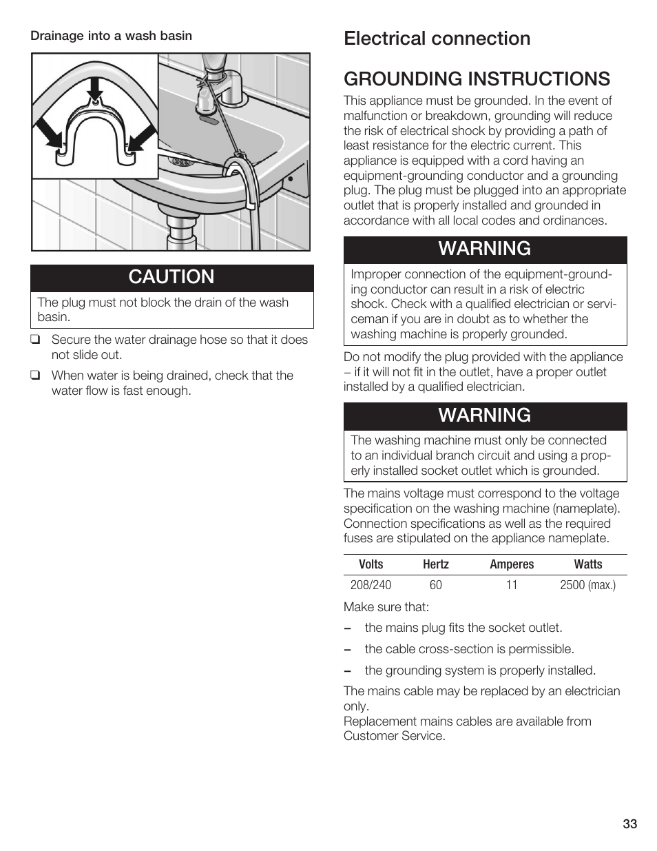 Caution, Electrical connection grounding instructions, Warning | Bosch AXXUS WFL 2050 User Manual | Page 33 / 36