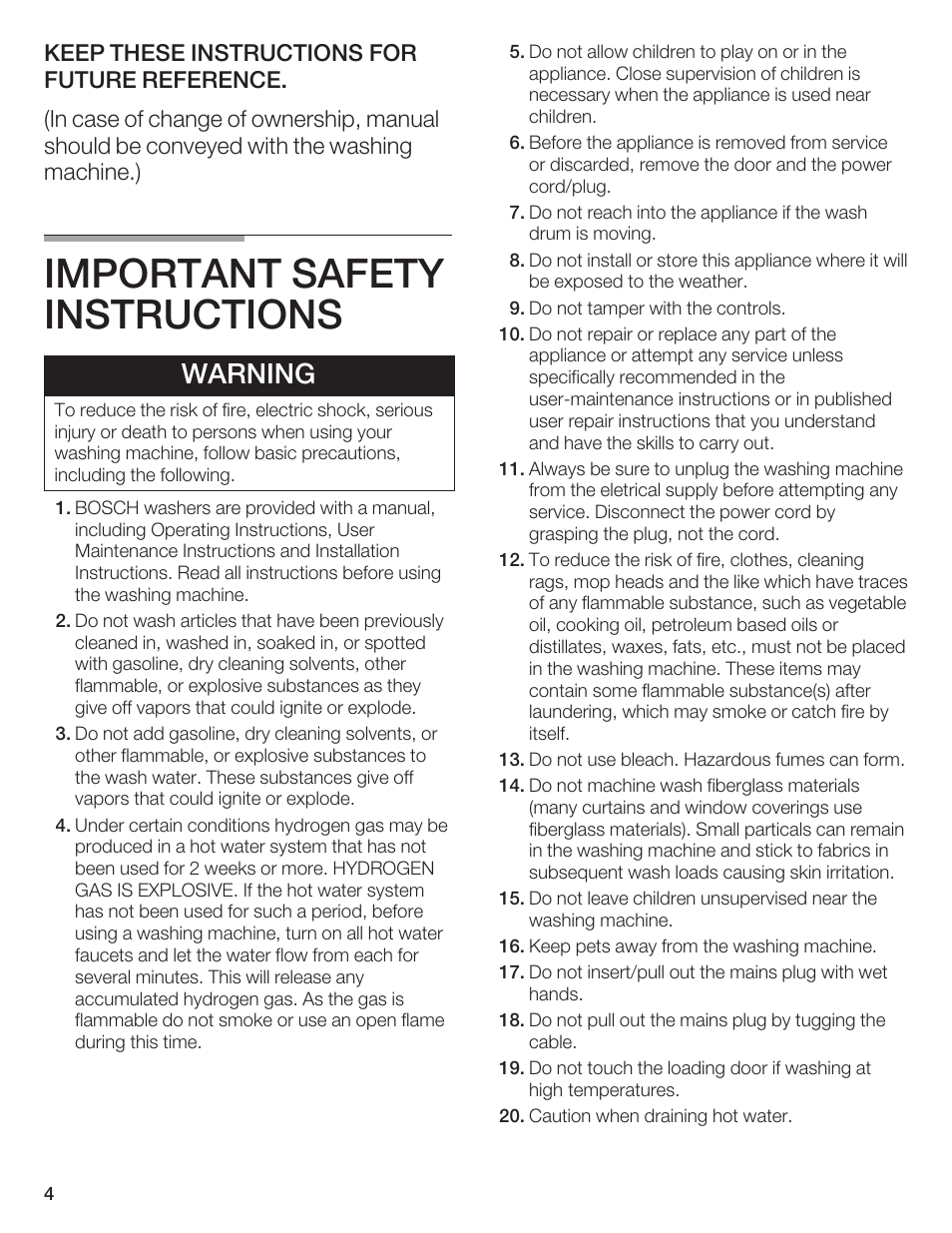 Important safety instructions, Warning | Bosch AXXUS WFL 2050 User Manual | Page 4 / 36