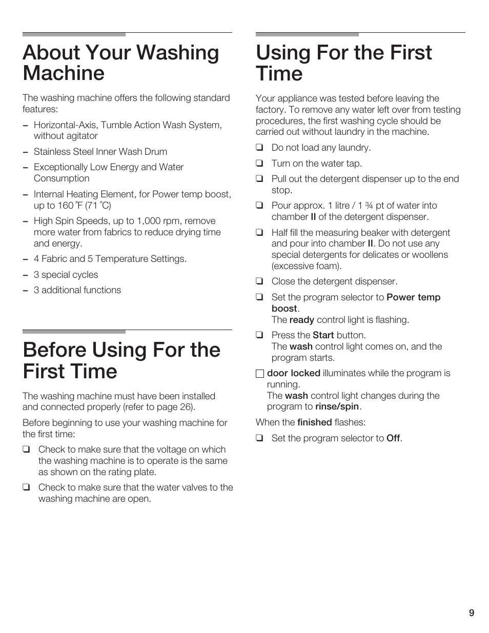 About your washing machine, Before using for the first time, Using for the first time | Bosch AXXUS WFL 2050 User Manual | Page 9 / 36