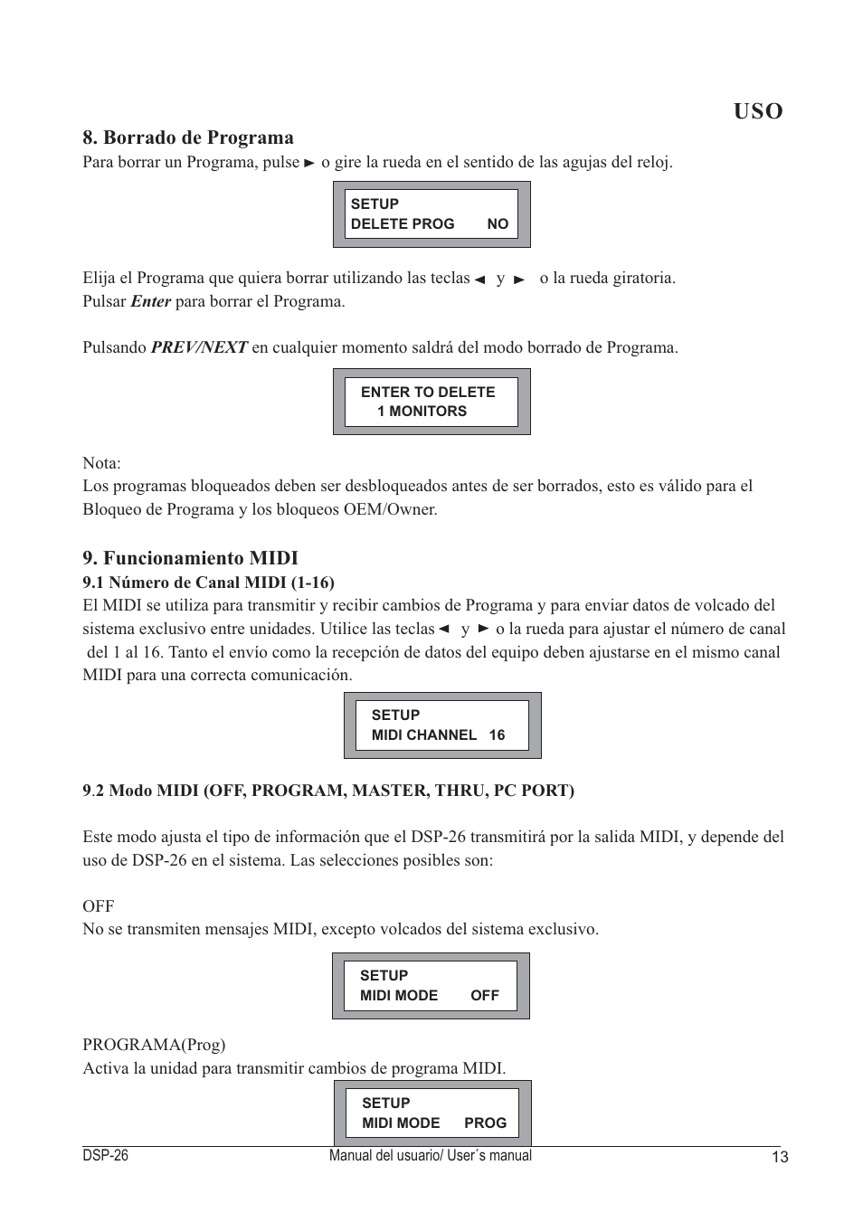 Borrado de programa 9. funcionamiento midi | D.A.S. Audio DSP-26 USB User Manual | Page 15 / 44