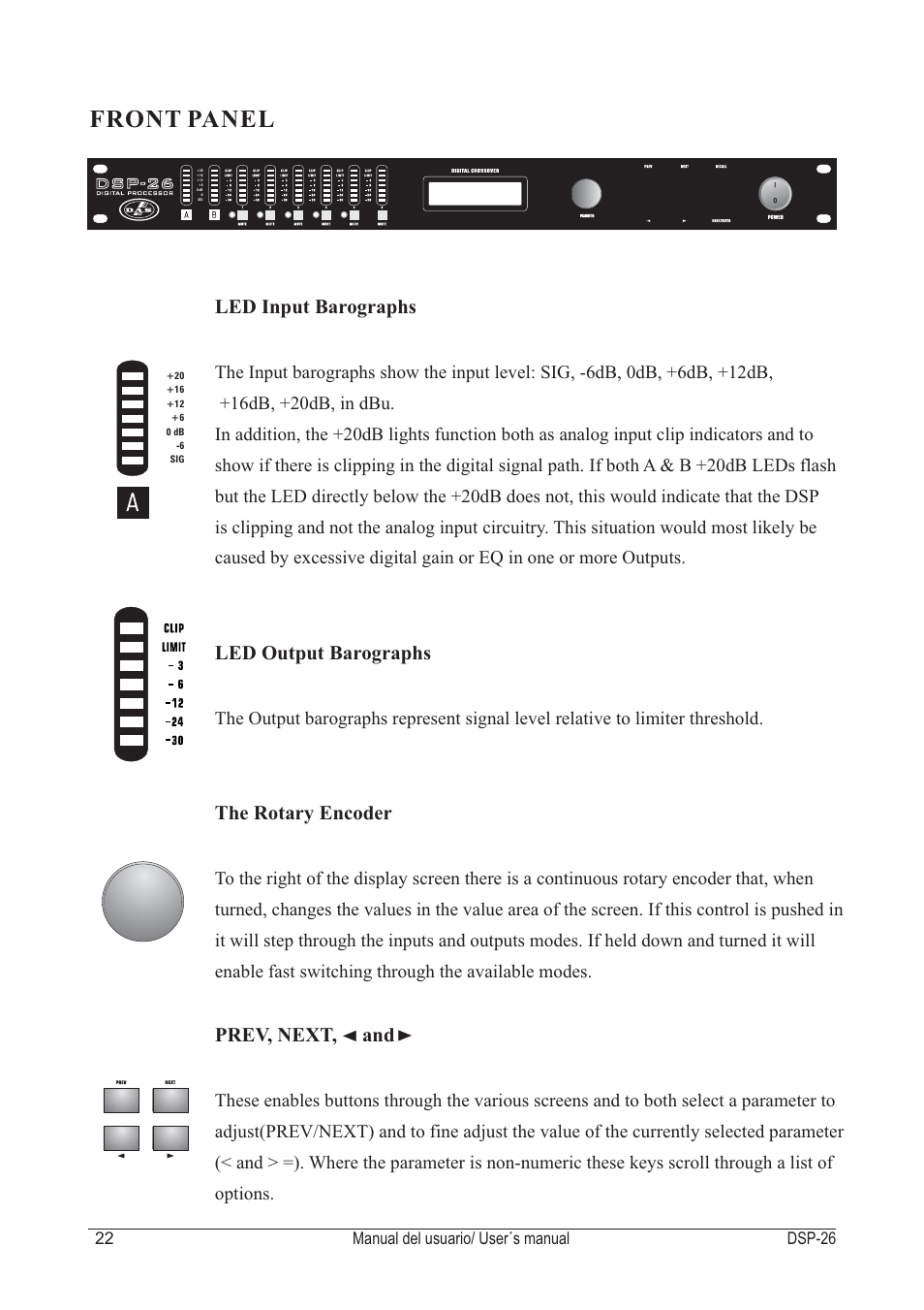 Front panel, Led input barographs | D.A.S. Audio DSP-26 USB User Manual | Page 24 / 44