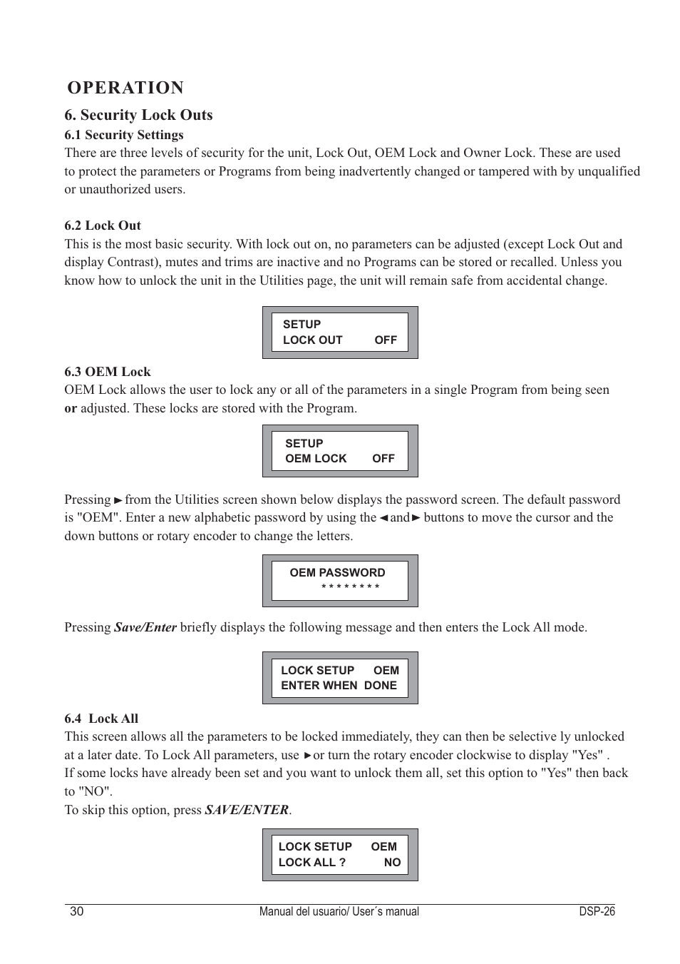 Operation, Security lock outs | D.A.S. Audio DSP-26 USB User Manual | Page 32 / 44
