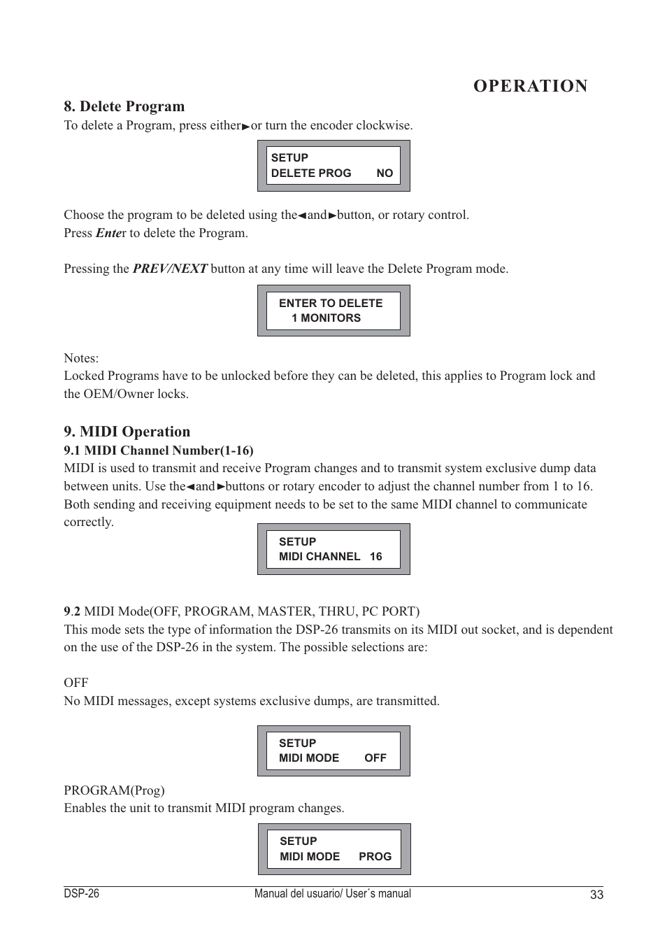 Operation, Delete program 9. midi operation | D.A.S. Audio DSP-26 USB User Manual | Page 35 / 44