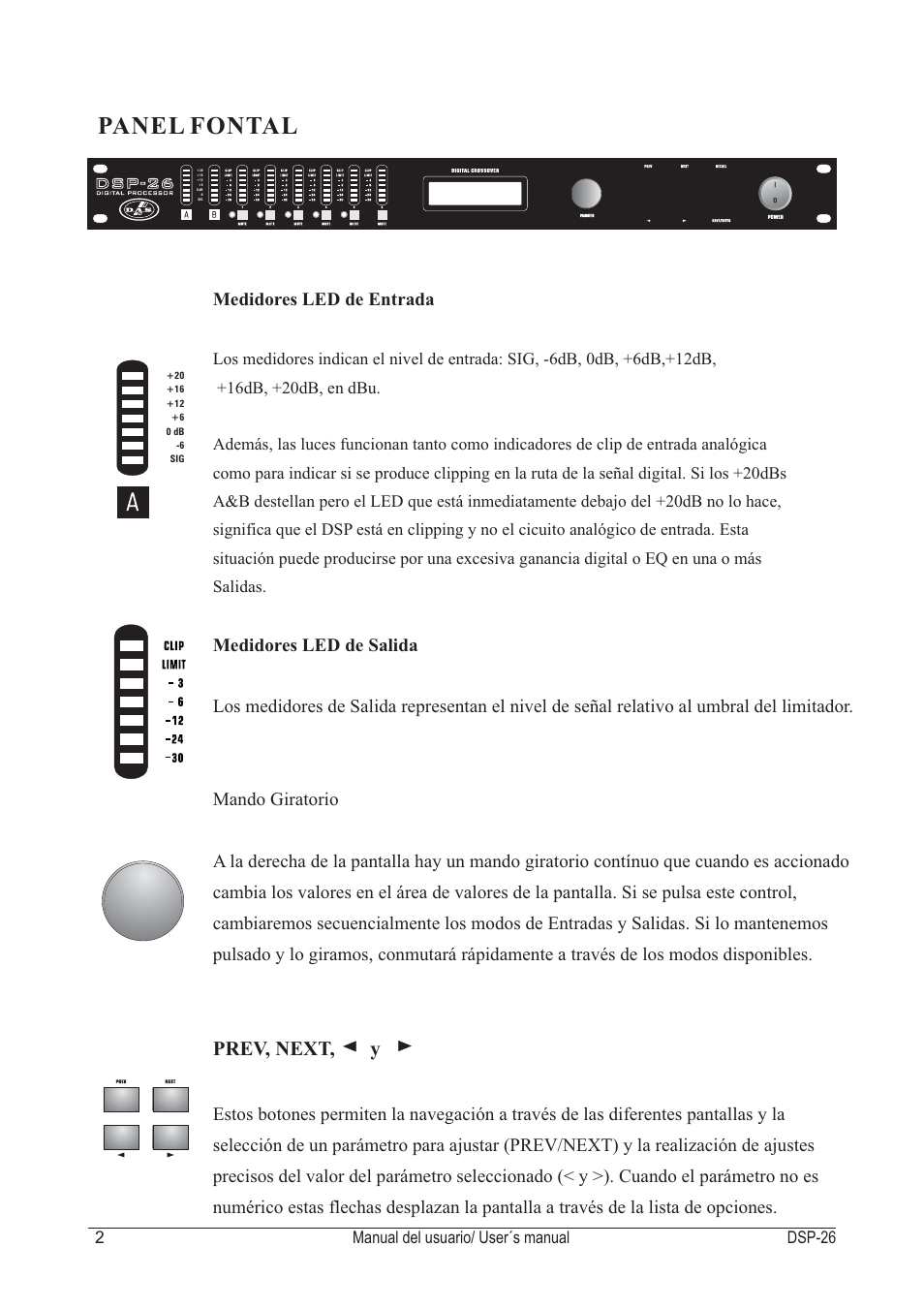 Panel fontal, Prev, next, y, Medidores led de entrada | D.A.S. Audio DSP-26 USB User Manual | Page 4 / 44