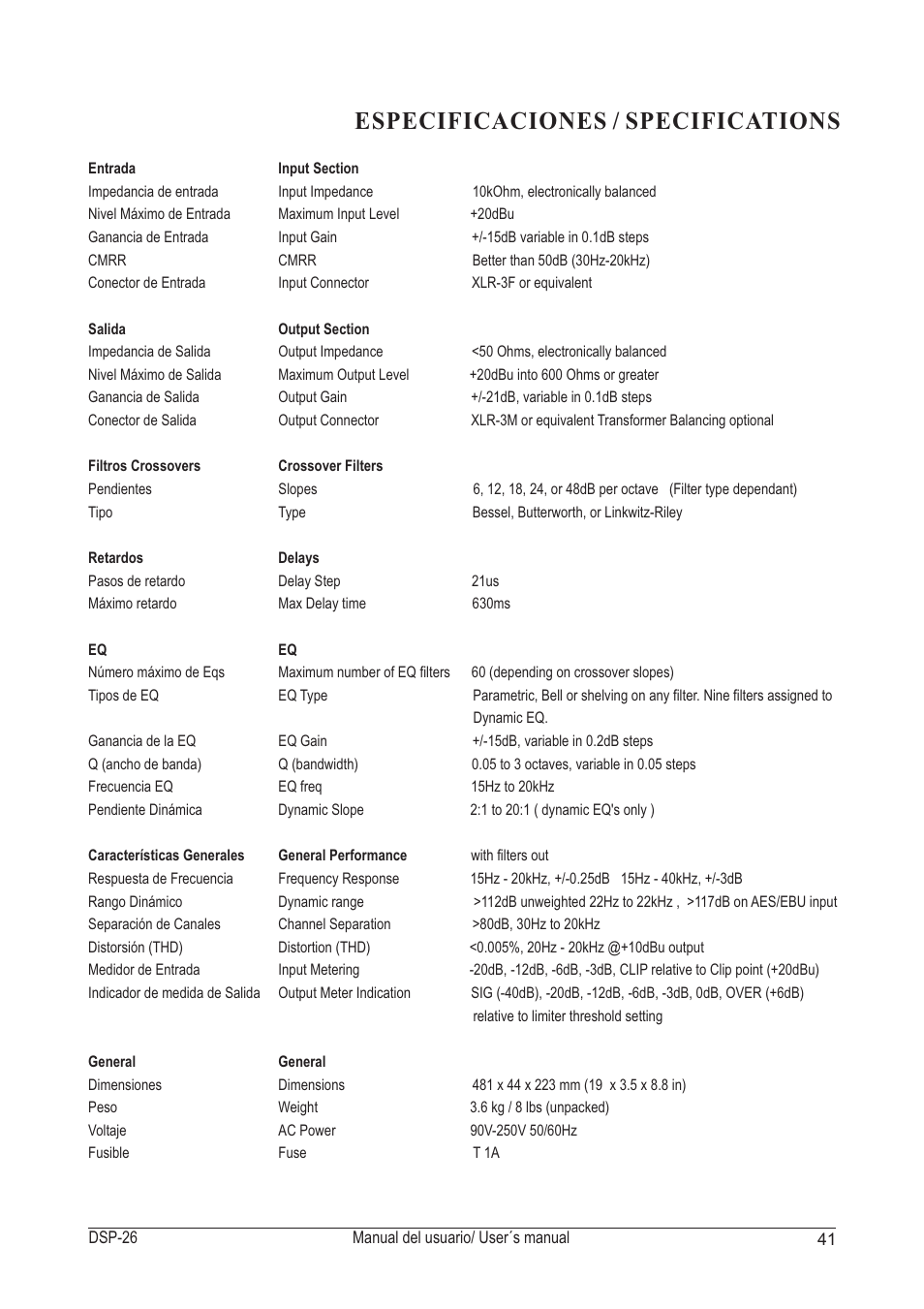 Especificaciones / specifications | D.A.S. Audio DSP-26 USB User Manual | Page 43 / 44
