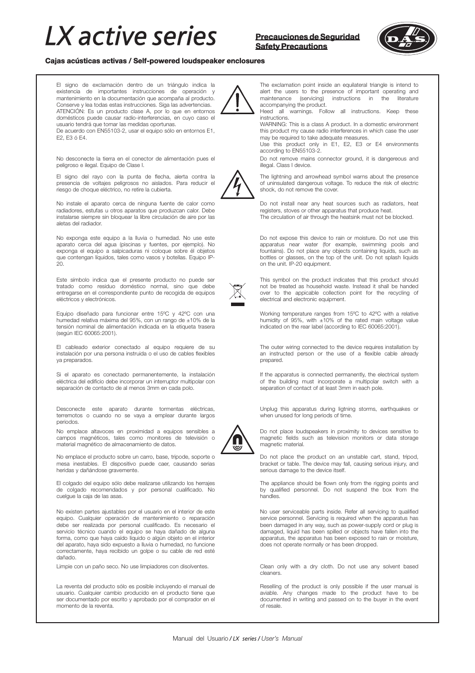 Lx active series, Precauciones de seguridad safety precautions | D.A.S. Audio LX Series User Manual | Page 4 / 30