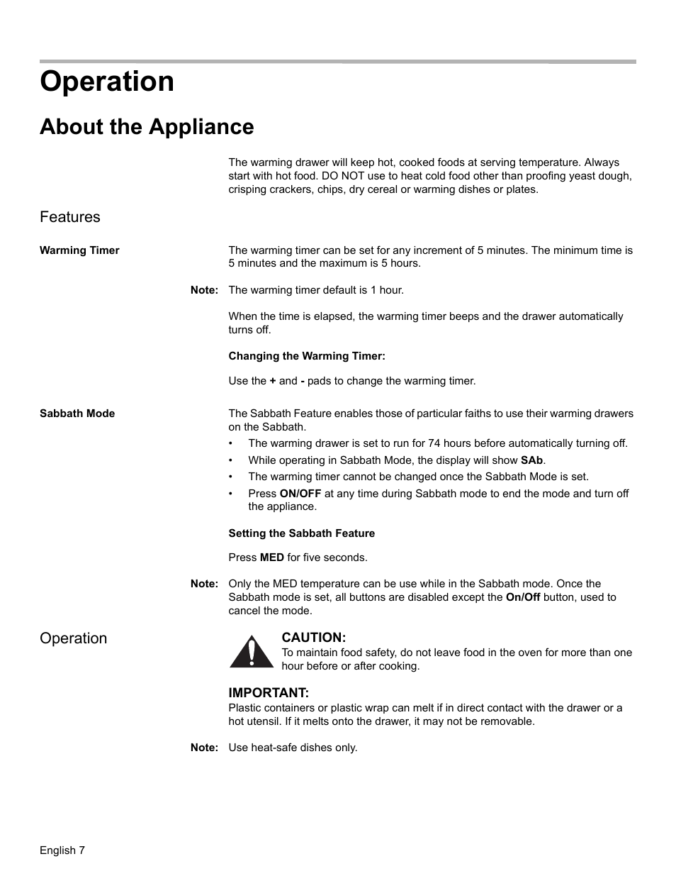 Operation, About the appliance, Features | Warming timer, Note, Sabbath mode | Bosch HWD27 User Manual | Page 10 / 56