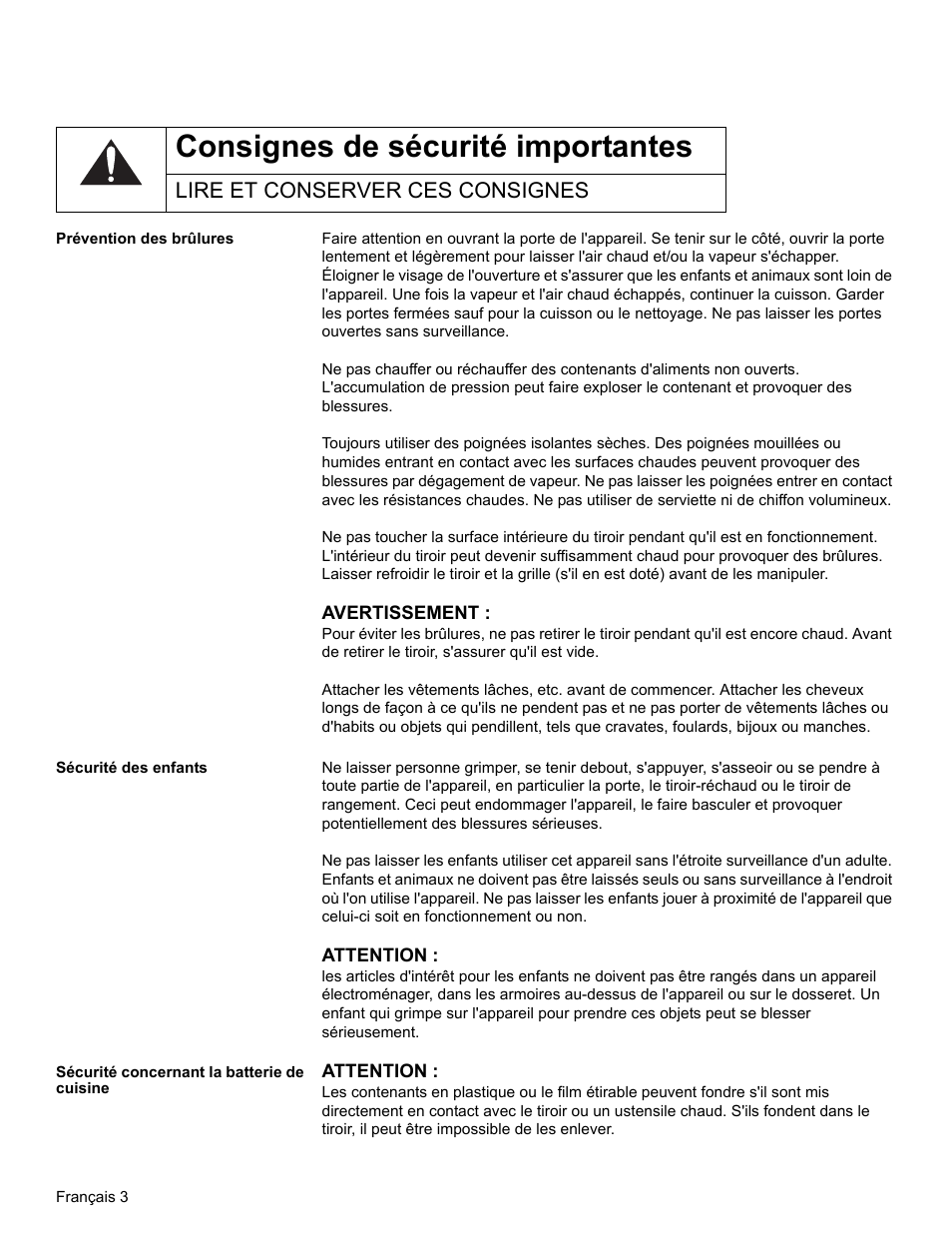 Lire et conserver ces consignes, Prévention des brûlures, Sécurité des enfants | Sécurité concernant la batterie de cuisine, Consignes de sécurité importantes | Bosch HWD27 User Manual | Page 22 / 56