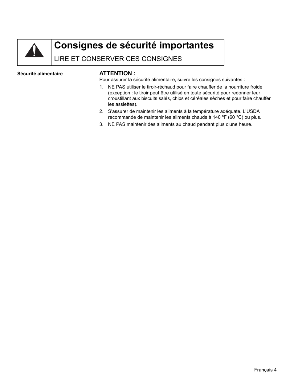 Lire et conserver ces consignes, Sécurité alimentaire, Consignes de sécurité importantes | Bosch HWD27 User Manual | Page 23 / 56