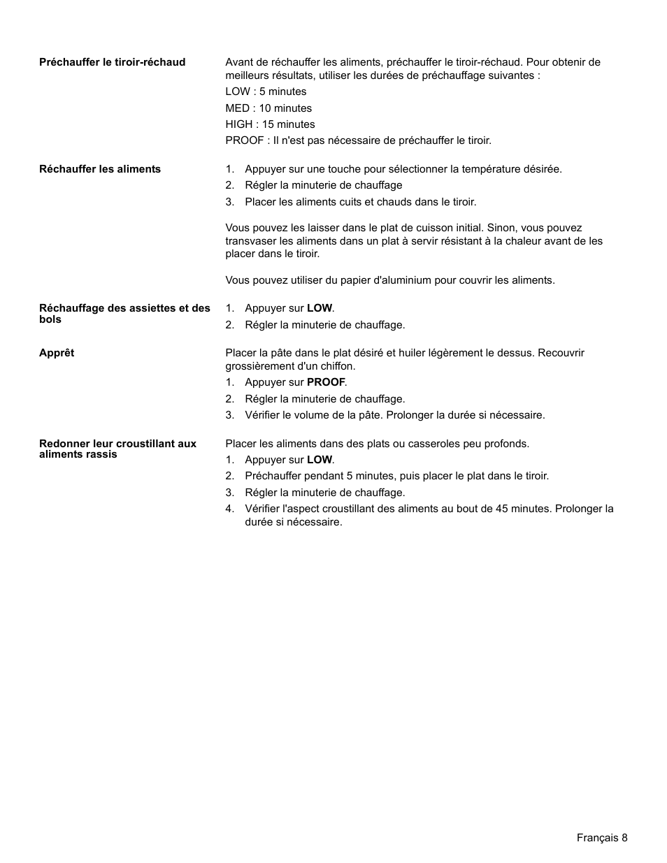 Préchauffer le tiroir-réchaud, Réchauffer les aliments, Régler la minuterie de chauffage | Placer les aliments cuits et chauds dans le tiroir, Réchauffage des assiettes et des bols, Appuyer sur low, Apprêt, Appuyer sur proof, Redonner leur croustillant aux aliments rassis | Bosch HWD27 User Manual | Page 27 / 56