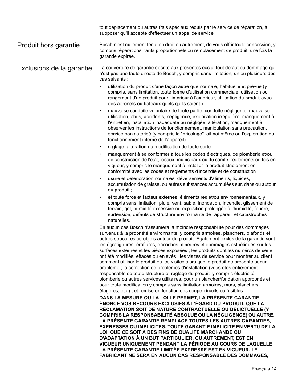 Produit hors garantie, Exclusions de la garantie | Bosch HWD27 User Manual | Page 33 / 56