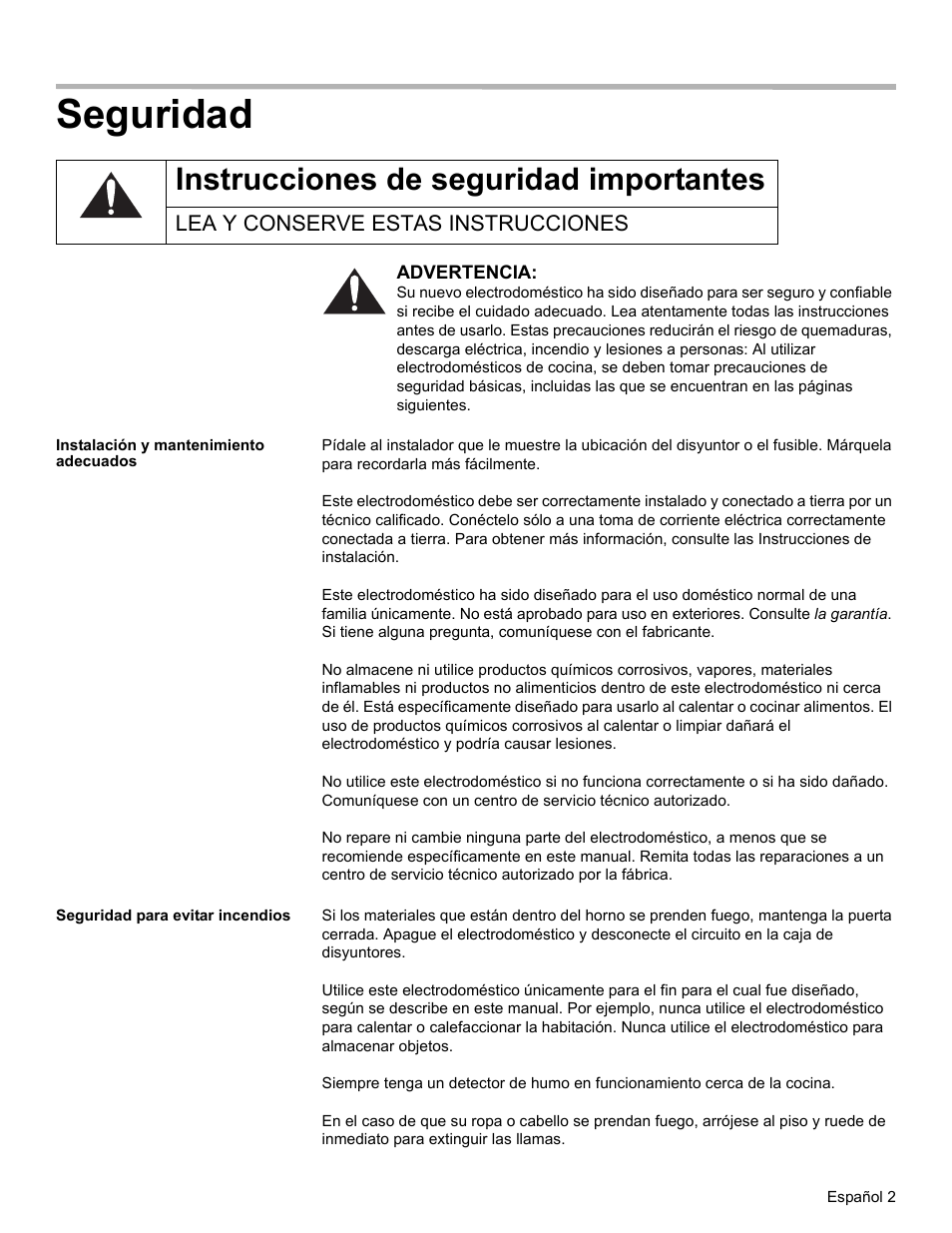 Seguridad, Instrucciones de seguridad importantes, Lea y conserve estas instrucciones | Instalación y mantenimiento adecuados, Seguridad para evitar incendios | Bosch HWD27 User Manual | Page 39 / 56
