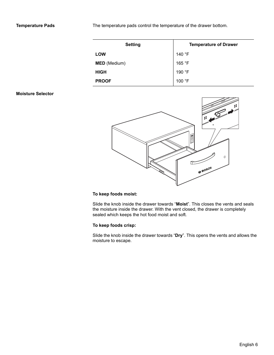 Temperature pads, Moisture selector | Bosch HWD27 User Manual | Page 9 / 56