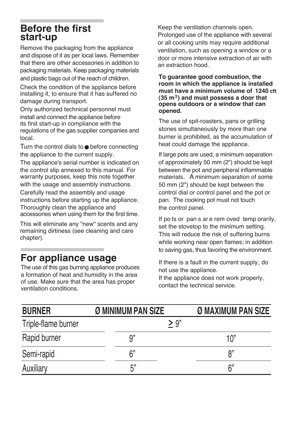 Ø minimum pan size ø maximum pan size, Rapid burner semi-rapid, Triple-flame burner | Bosch 9000095597 B User Manual | Page 10 / 64