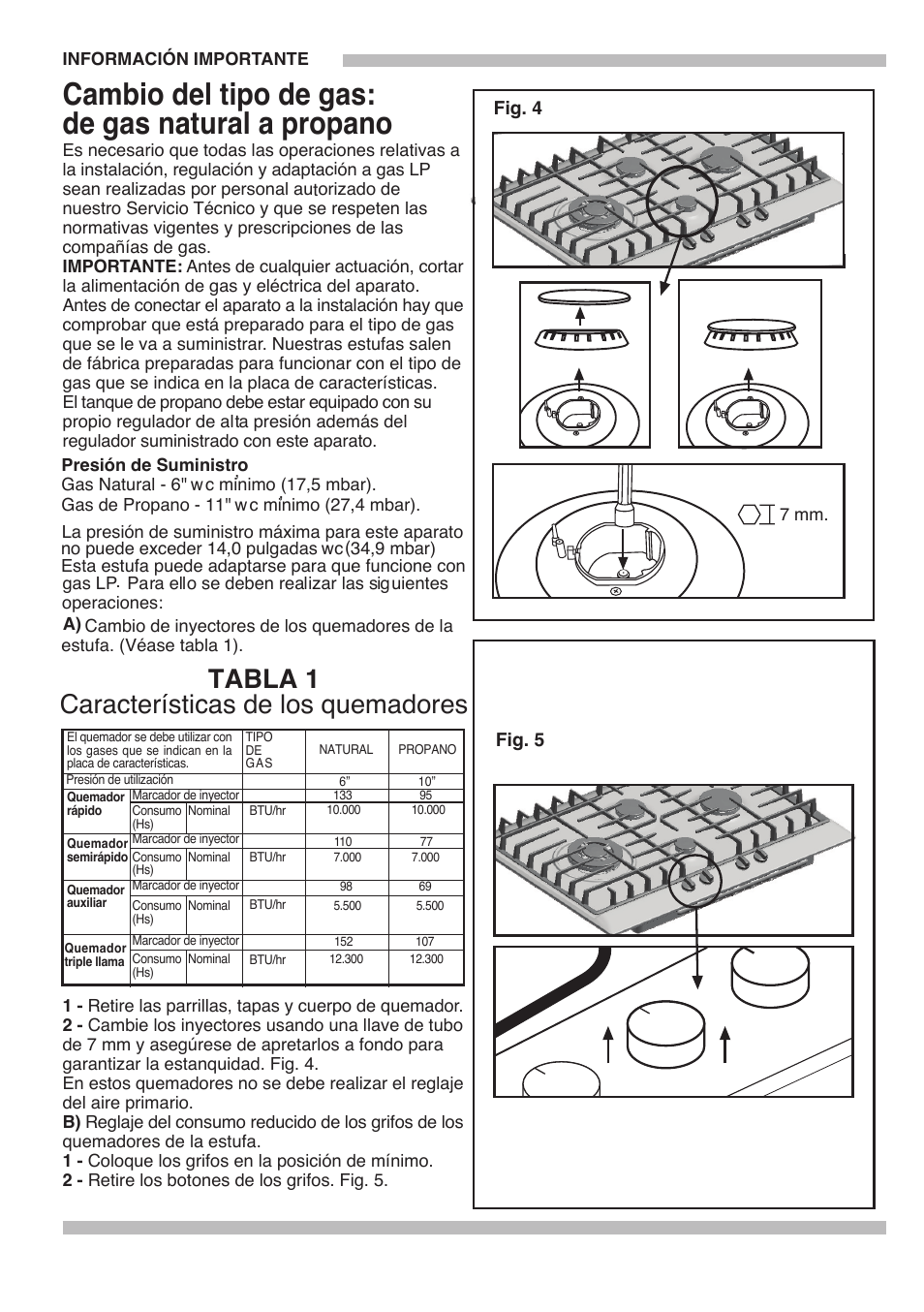 Cambio del tipo de gas: de gas natural a propano, Tabla 1 características de los quemadores | Bosch 9000095597 B User Manual | Page 62 / 64