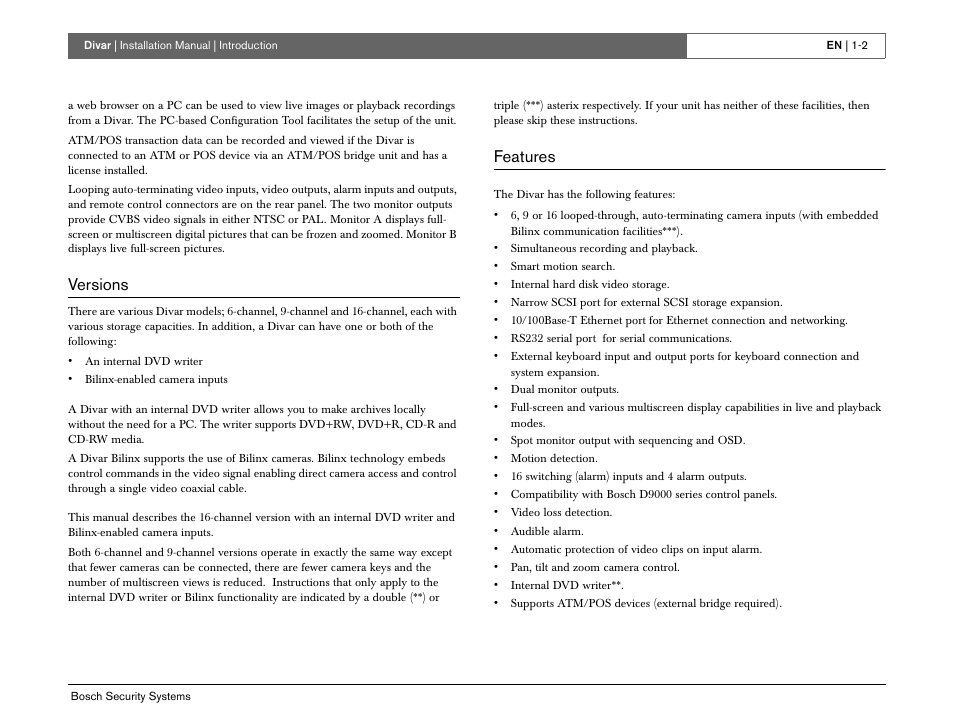 Versions, Features | Bosch Divar -Digital Versatile Recorder User Manual | Page 10 / 80
