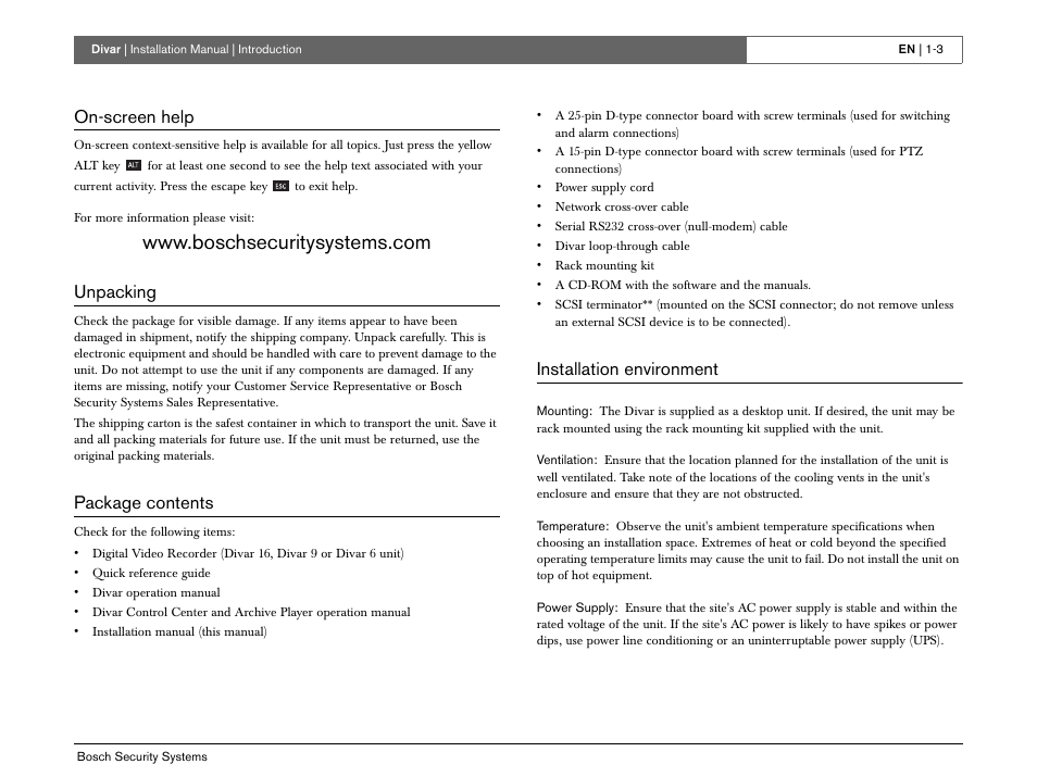 On-screen help, Unpacking, Package contents | Installation environment | Bosch Divar -Digital Versatile Recorder User Manual | Page 11 / 80