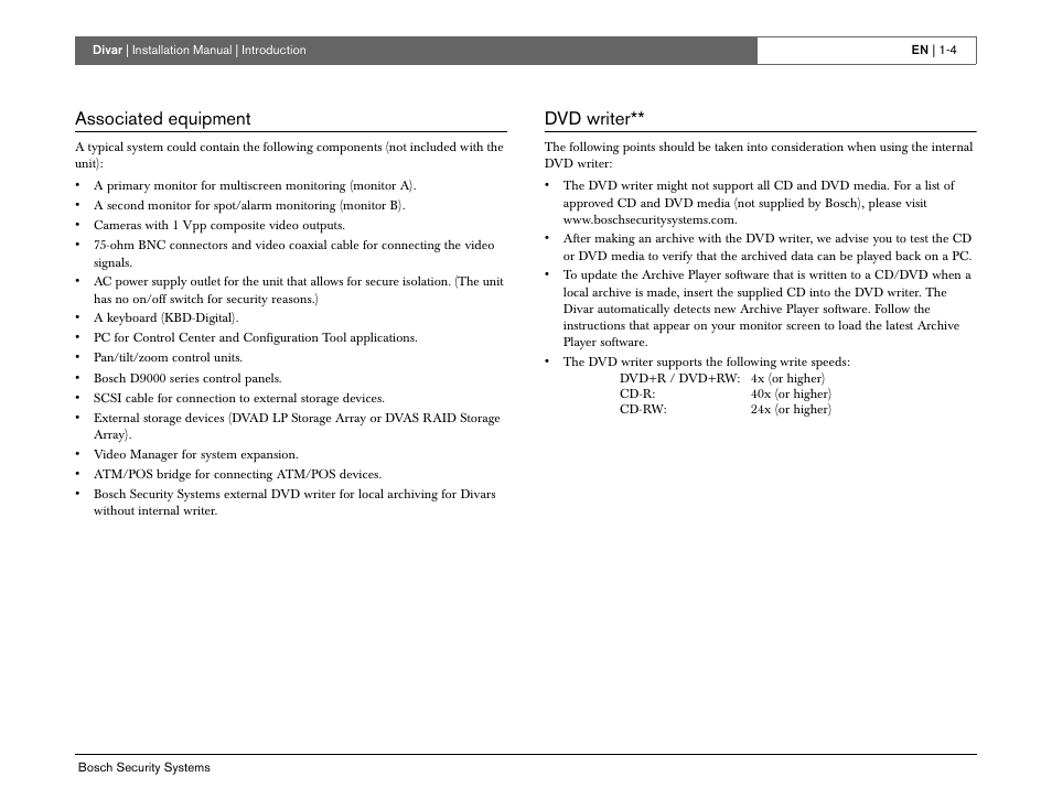 Associated equipment, Dvd writer | Bosch Divar -Digital Versatile Recorder User Manual | Page 12 / 80