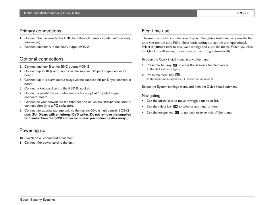 Primary connections, Optional connections, Powering up | First-time use | Bosch Divar -Digital Versatile Recorder User Manual | Page 15 / 80