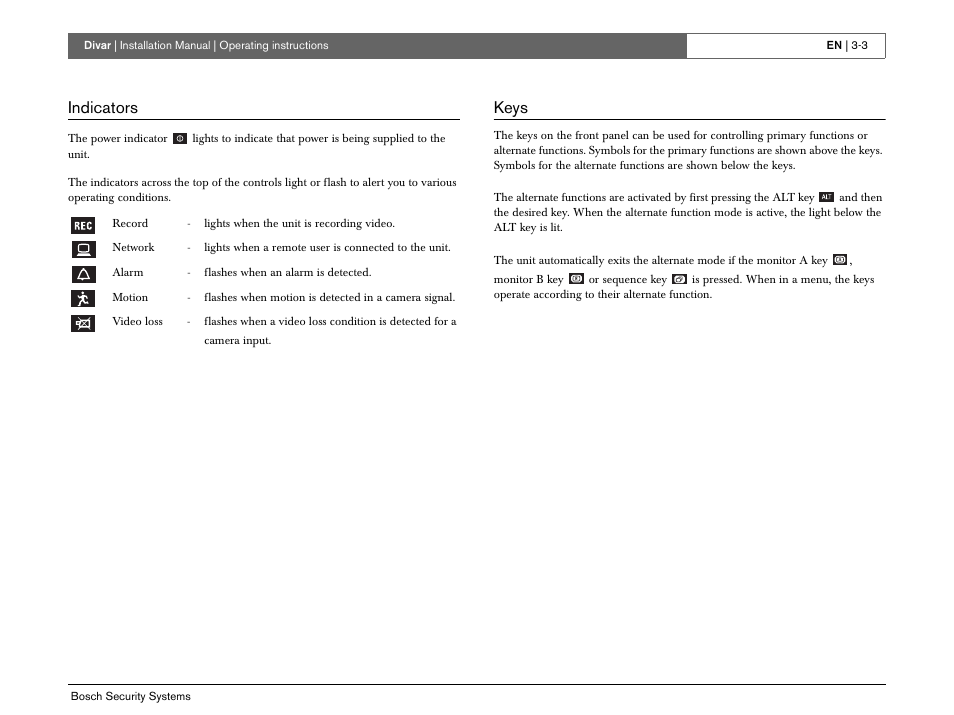 Indicators, Keys | Bosch Divar -Digital Versatile Recorder User Manual | Page 21 / 80