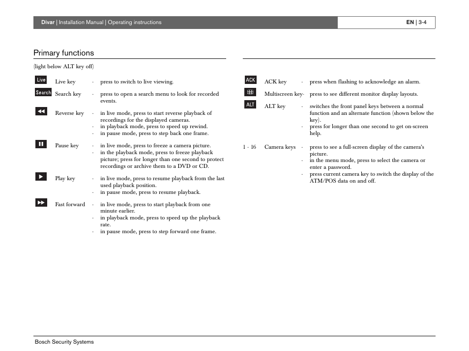 Primary functions | Bosch Divar -Digital Versatile Recorder User Manual | Page 22 / 80