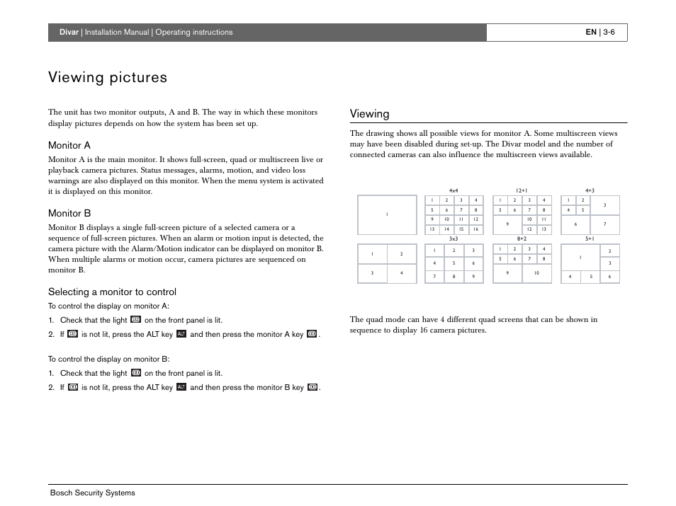 Viewing pictures, Viewing, Monitor a | Monitor b, Selecting a monitor to control | Bosch Divar -Digital Versatile Recorder User Manual | Page 24 / 80