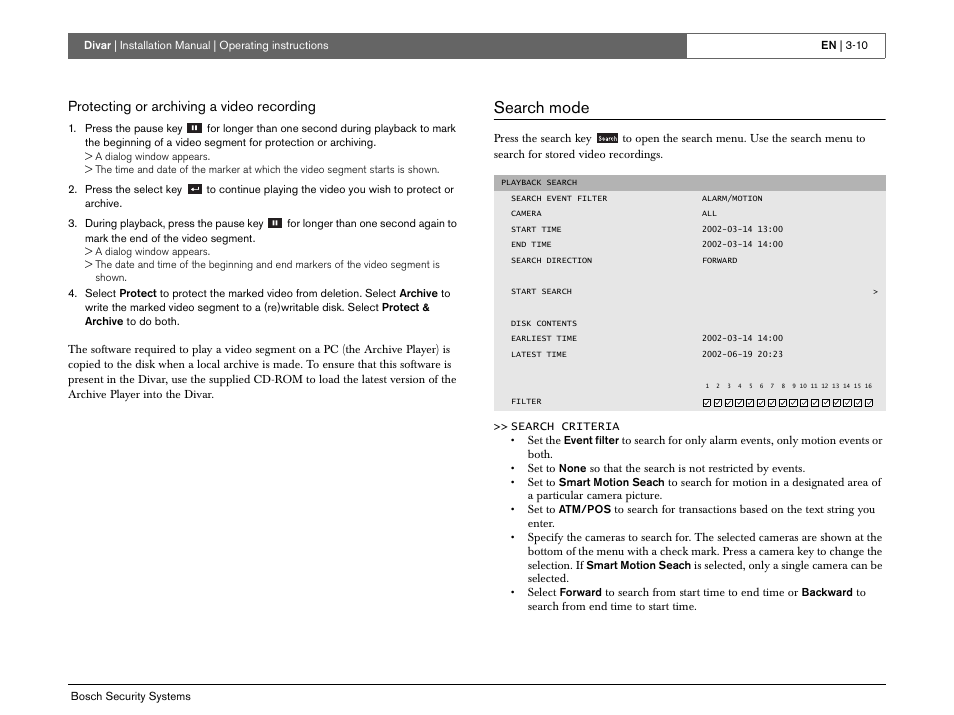 Search mode, Protecting or archiving a video recording | Bosch Divar -Digital Versatile Recorder User Manual | Page 28 / 80