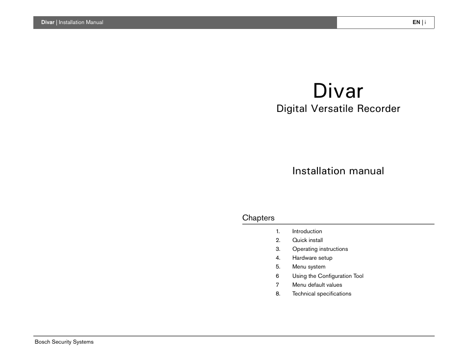 Divar, Digital versatile recorder installation manual | Bosch Divar -Digital Versatile Recorder User Manual | Page 3 / 80
