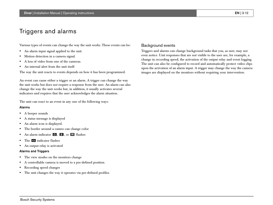 Triggers and alarms | Bosch Divar -Digital Versatile Recorder User Manual | Page 30 / 80