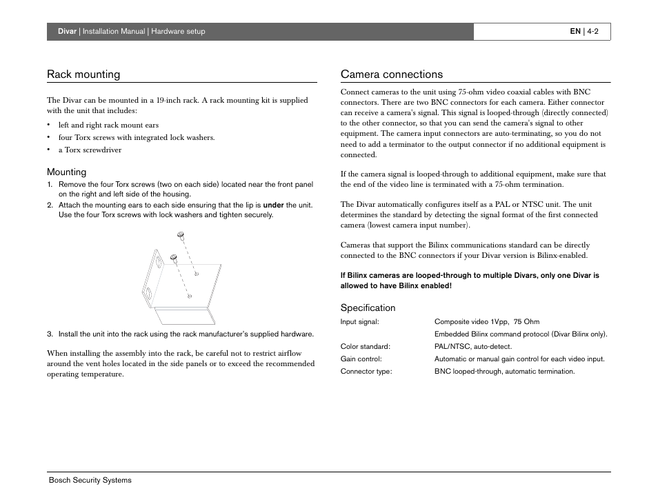 Rack mounting, Camera connections | Bosch Divar -Digital Versatile Recorder User Manual | Page 34 / 80