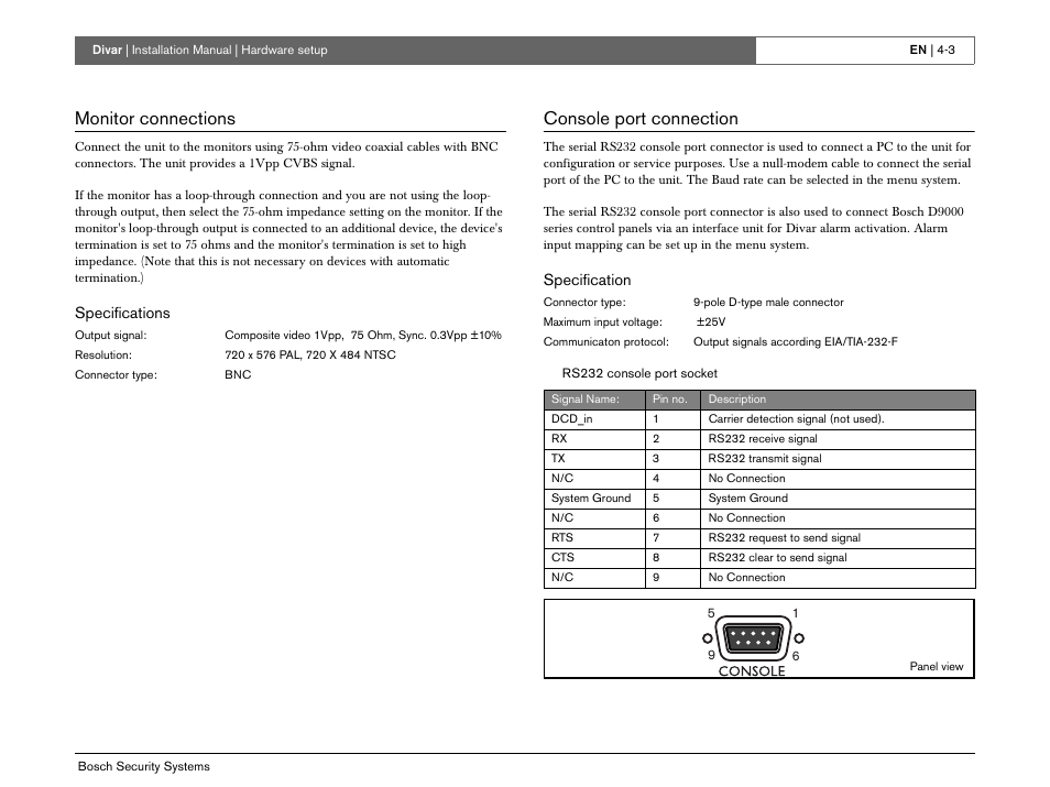 Monitor connections, Console port connection | Bosch Divar -Digital Versatile Recorder User Manual | Page 35 / 80