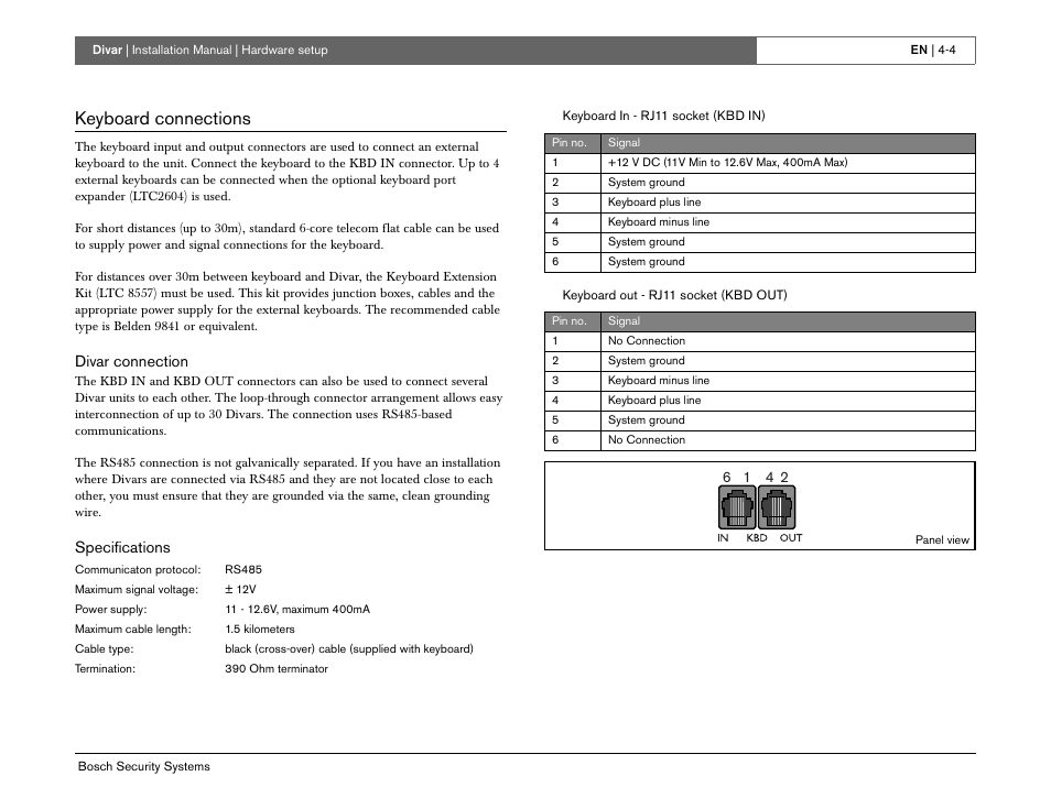 Keyboard connections, Divar connection, Specifications | Bosch Divar -Digital Versatile Recorder User Manual | Page 36 / 80