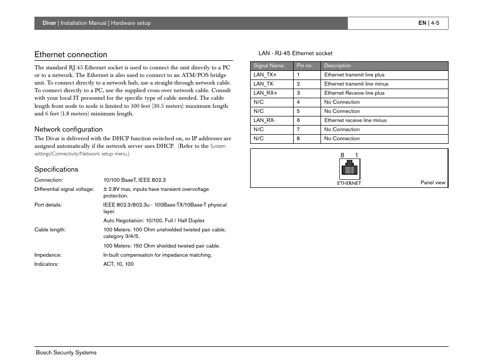 Ethernet connection, Network configuration, Specifications | Bosch Divar -Digital Versatile Recorder User Manual | Page 37 / 80