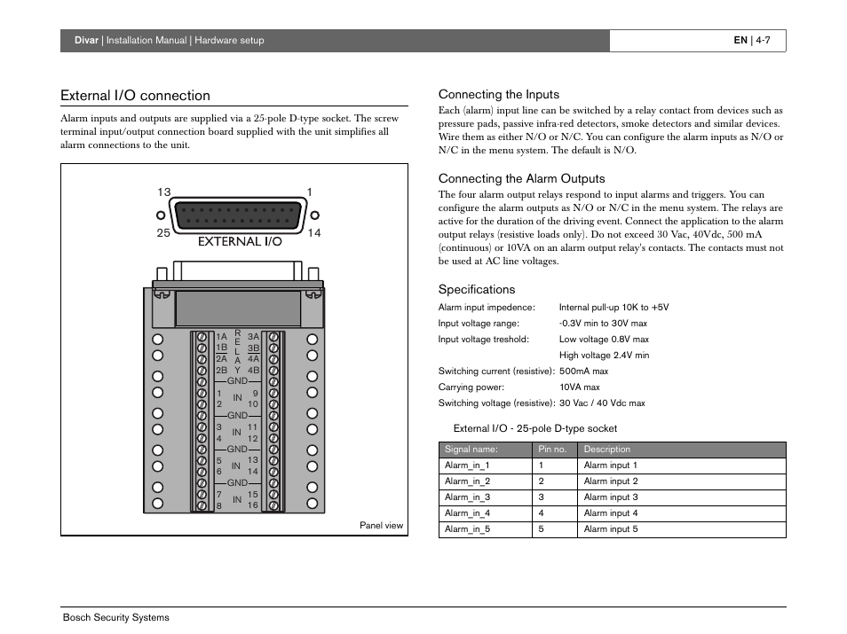 External i/o connection | Bosch Divar -Digital Versatile Recorder User Manual | Page 39 / 80