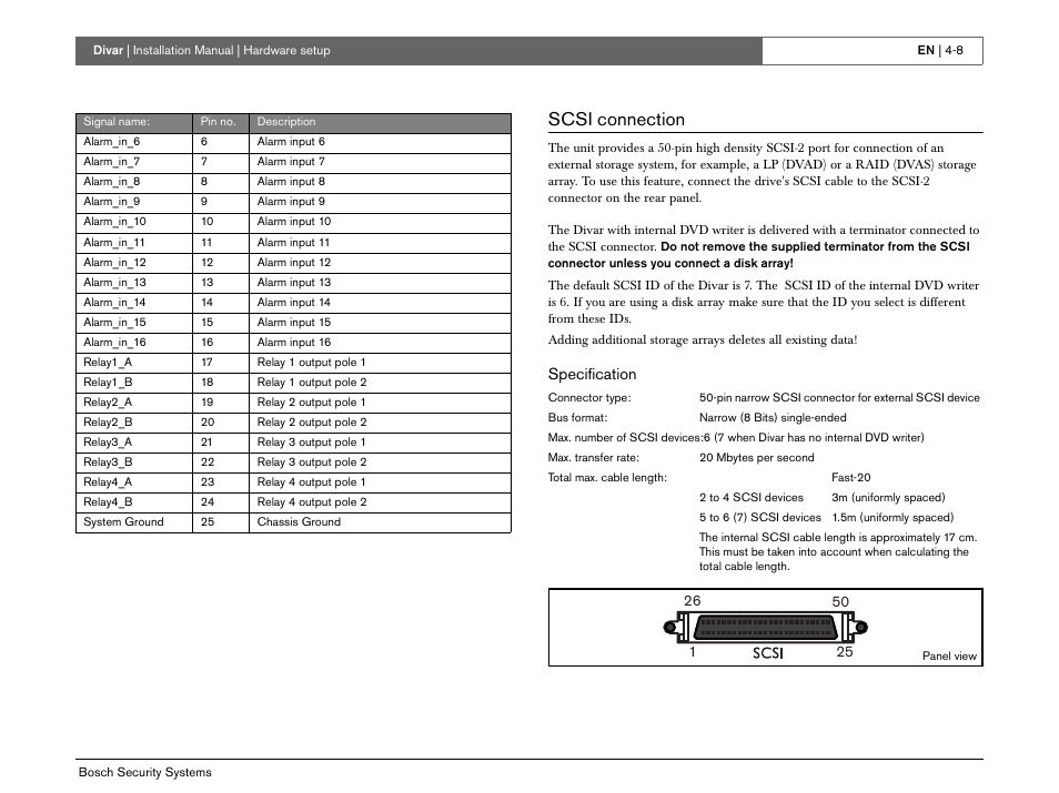 Scsi connection, Specification | Bosch Divar -Digital Versatile Recorder User Manual | Page 40 / 80
