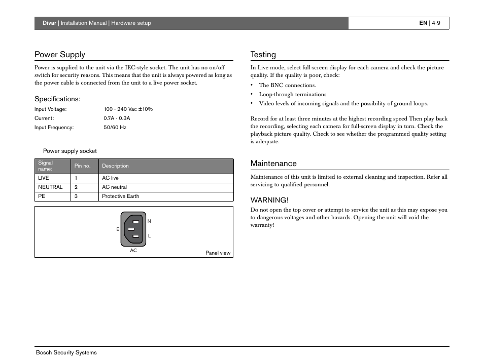 Power supply, Testing, Maintenance | Bosch Divar -Digital Versatile Recorder User Manual | Page 41 / 80