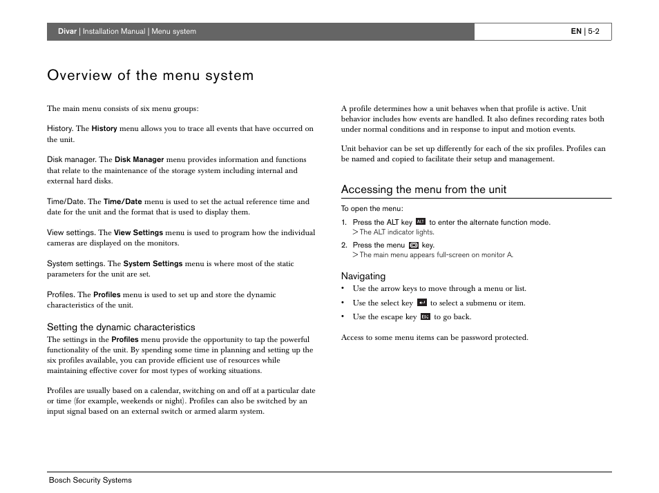 Overview of the menu system, Accessing the menu from the unit | Bosch Divar -Digital Versatile Recorder User Manual | Page 44 / 80
