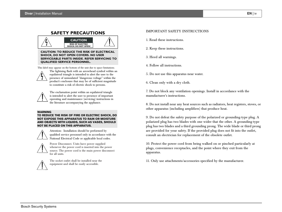 Safety precautions | Bosch Divar -Digital Versatile Recorder User Manual | Page 6 / 80