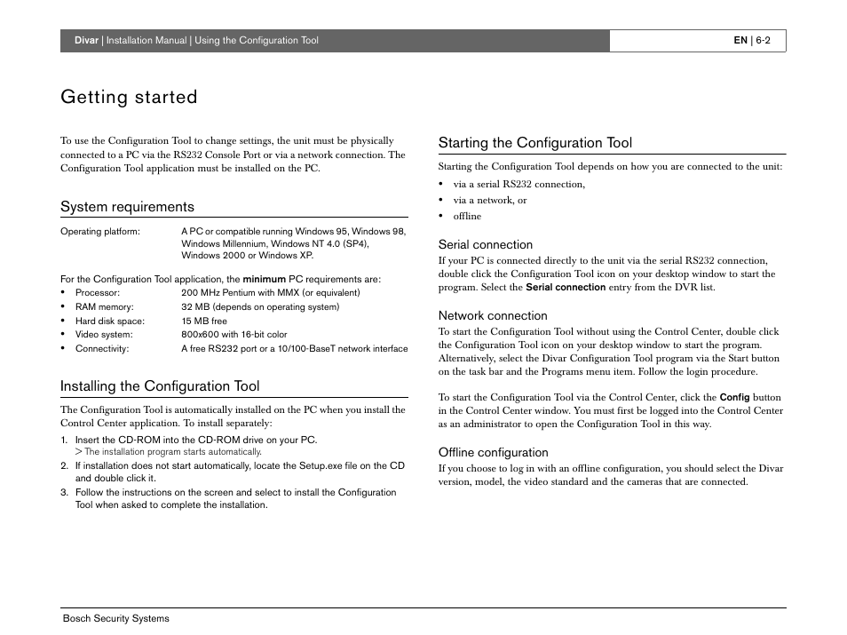 Getting started, System requirements, Installing the configuration tool | Starting the configuration tool | Bosch Divar -Digital Versatile Recorder User Manual | Page 60 / 80