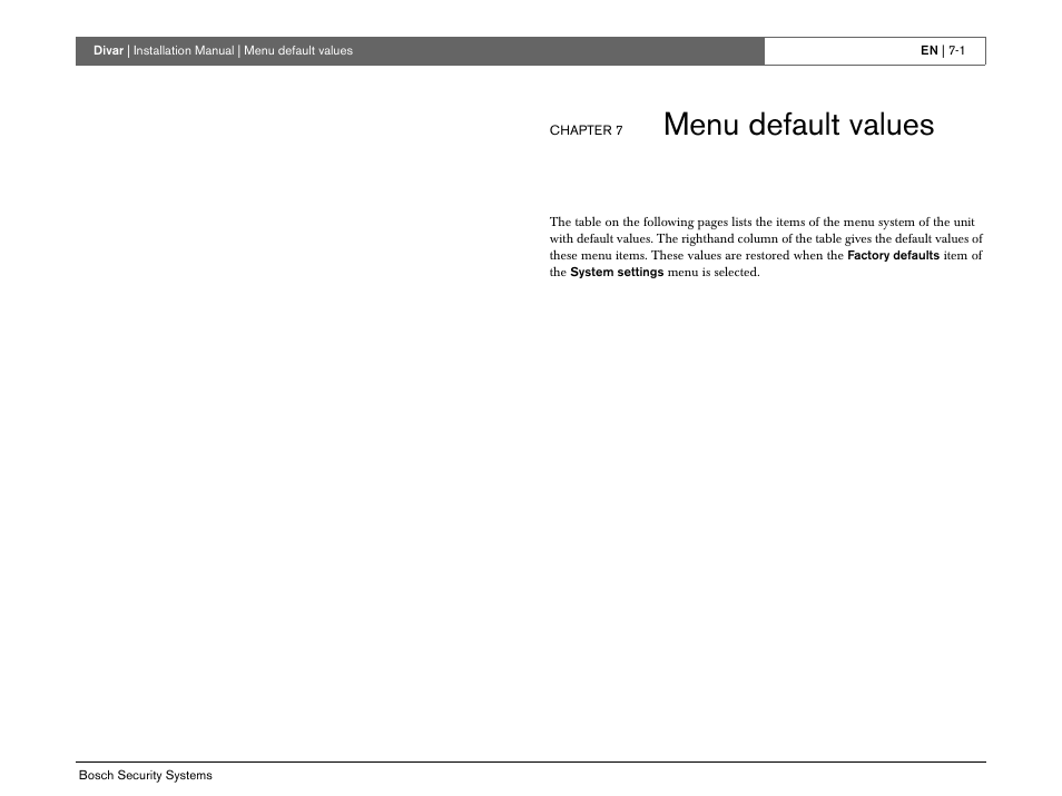 Menu default values | Bosch Divar -Digital Versatile Recorder User Manual | Page 67 / 80