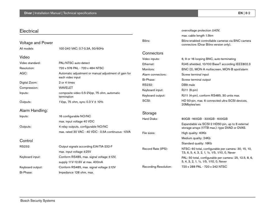 Electrical, Voltage and power, Video | Alarm handling, Control, Connectors, Storage | Bosch Divar -Digital Versatile Recorder User Manual | Page 76 / 80