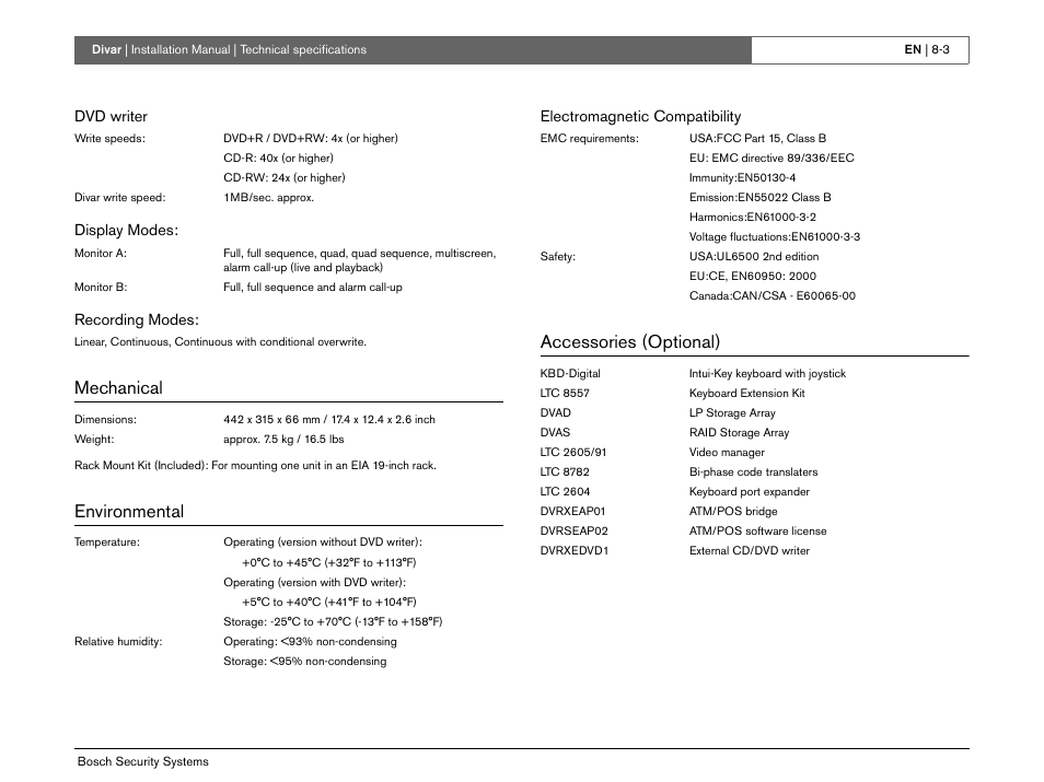 Mechanical, Environmental, Accessories (optional) | Bosch Divar -Digital Versatile Recorder User Manual | Page 77 / 80
