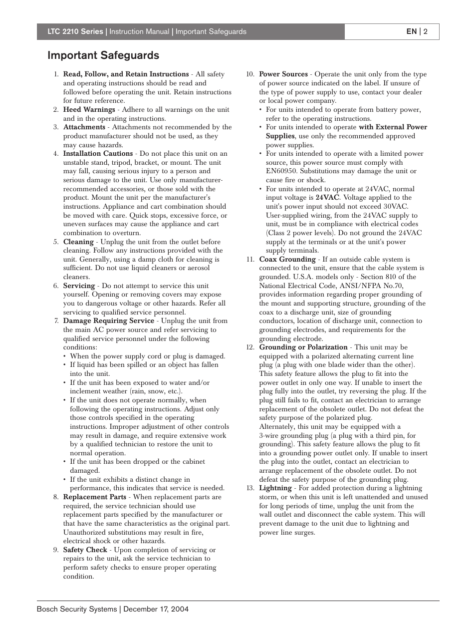 Important safeguards | Bosch LTC 2210 User Manual | Page 2 / 12