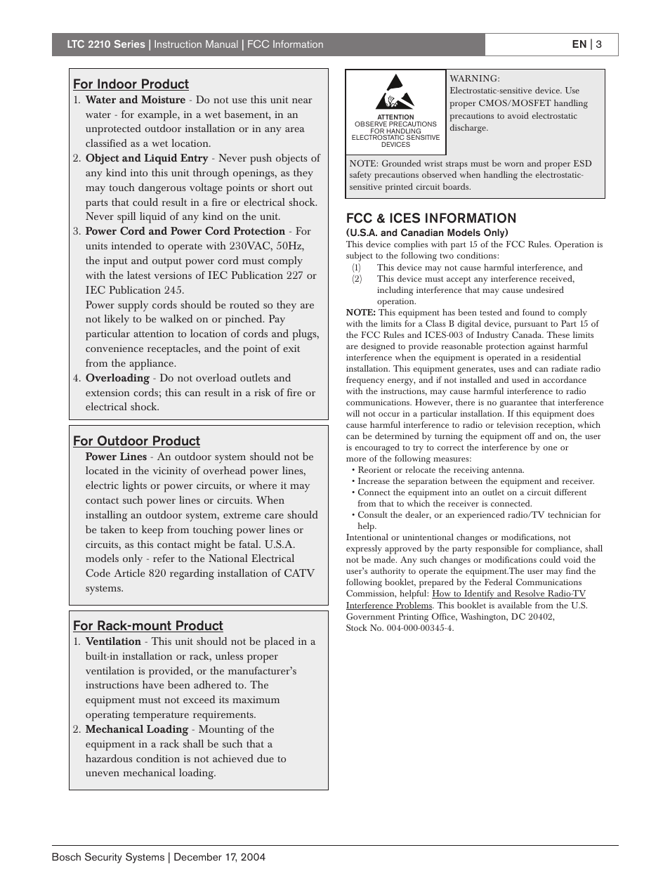 For indoor product, For outdoor product, For rack-mount product | Fcc & ices information | Bosch LTC 2210 User Manual | Page 3 / 12