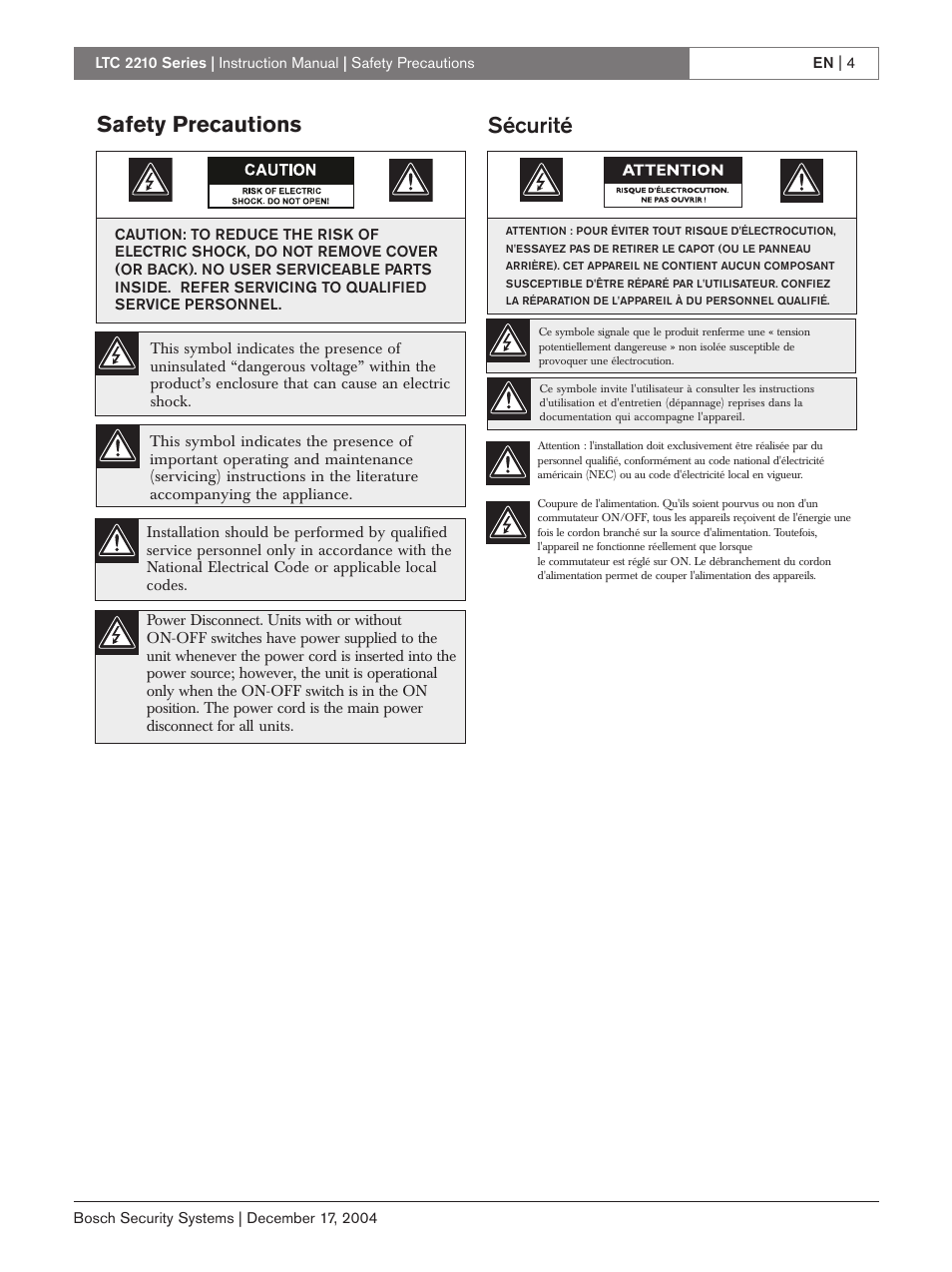 Safety precautions, Sécurité | Bosch LTC 2210 User Manual | Page 4 / 12