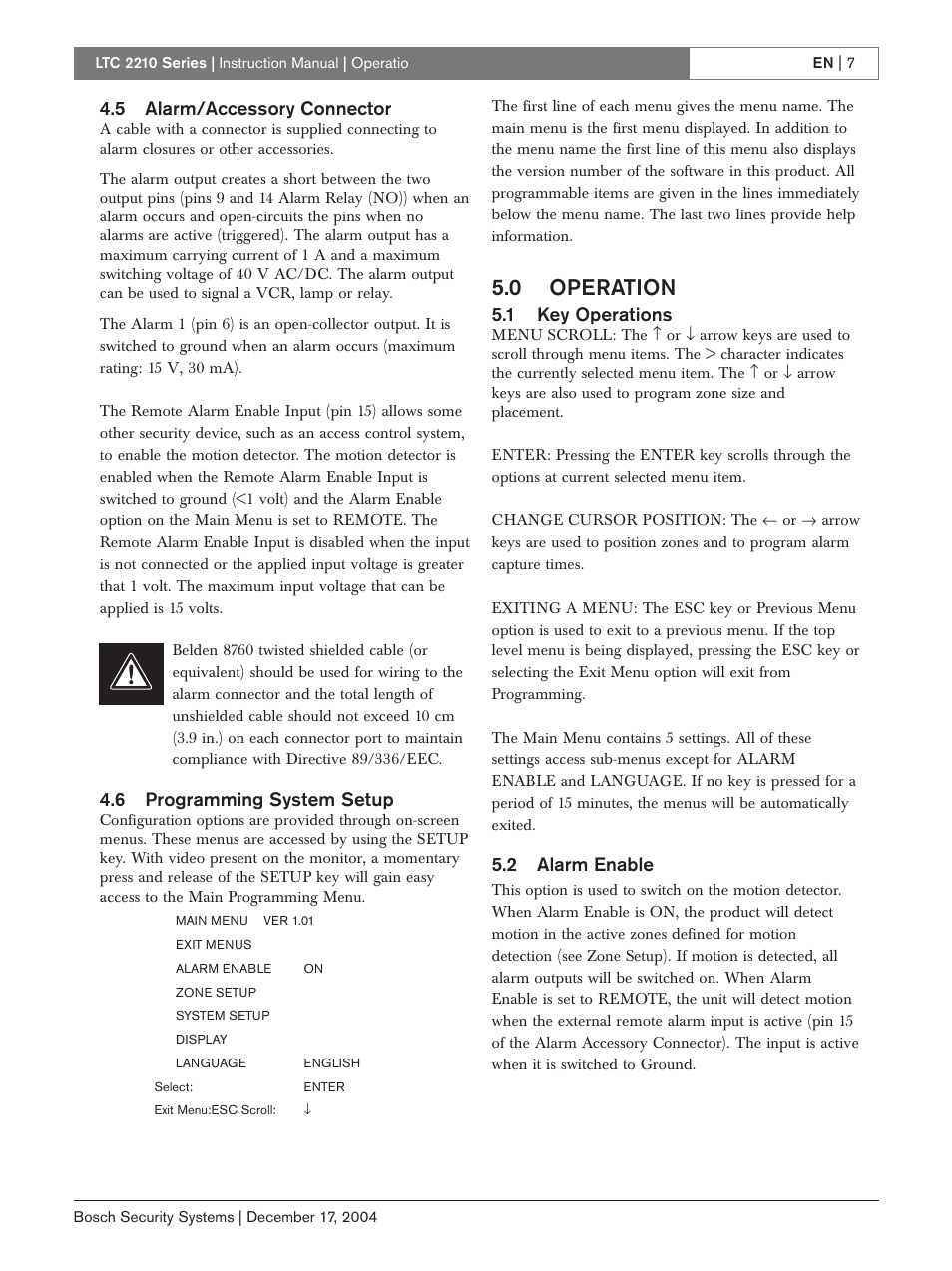0 operation, 5 alarm/accessory connector, 6 programming system setup | 1 key operations, 2 alarm enable | Bosch LTC 2210 User Manual | Page 7 / 12