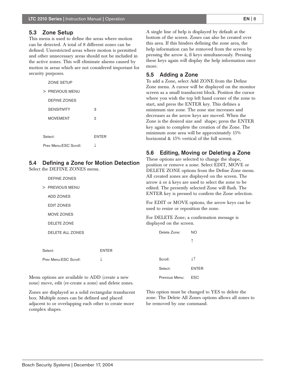 Installatio, 1 powe, 3 zone setup | 4 defining a zone for motion detection, 5 adding a zone, 6 editing, moving or deleting a zone | Bosch LTC 2210 User Manual | Page 8 / 12