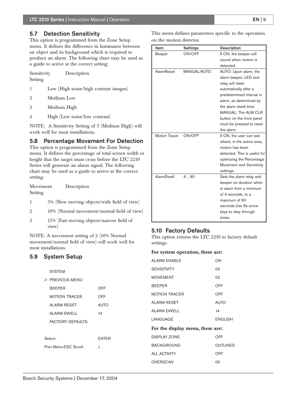 7 detection sensitivity, 8 percentage movement for detection, 9 system setup | 10 factory defaults | Bosch LTC 2210 User Manual | Page 9 / 12