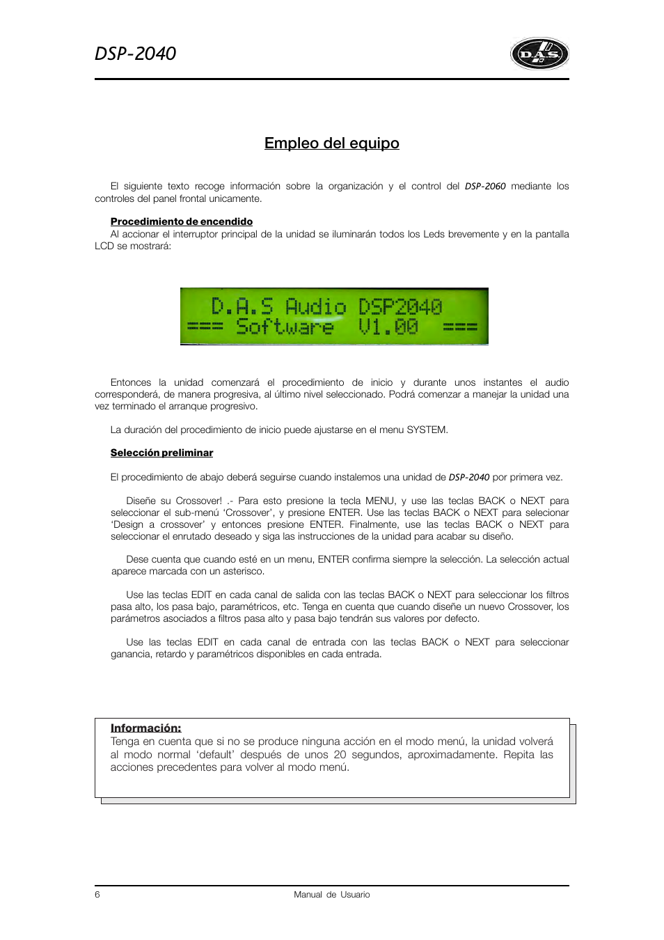 Dsp-2040, Empleo del equipo | D.A.S. Audio DSP2040 User Manual | Page 10 / 32